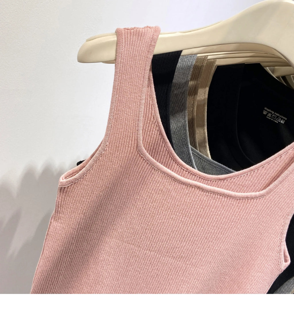 Knitted Strap Top With Clavicle Square Collar