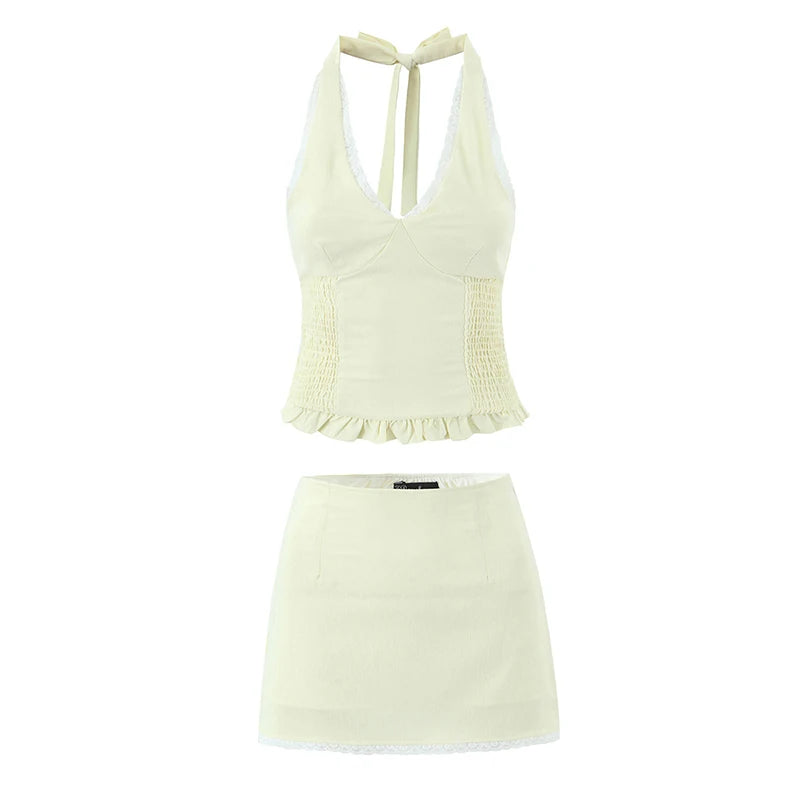 Sweet Girl Sexy Backless Halter White Lace Trim Fitted Crop Top