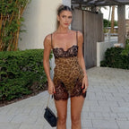 Leopard Patchwork Lace Mini Dress With Spaghetti Straps High Waist