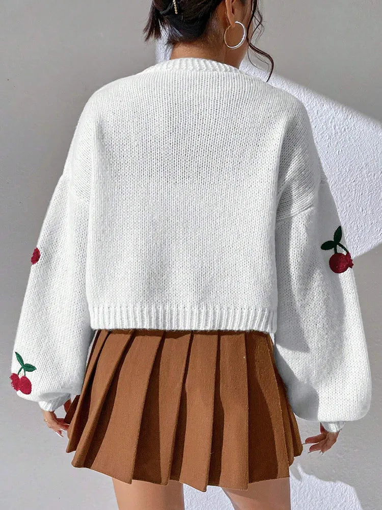 Cozy Cherry Embroidered Off Shoulder Cardigan For Women Loose Knit Jacket Sweater