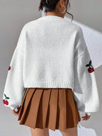 Cozy Cherry Embroidered Off Shoulder Cardigan For Women Loose Knit Jacket Sweater