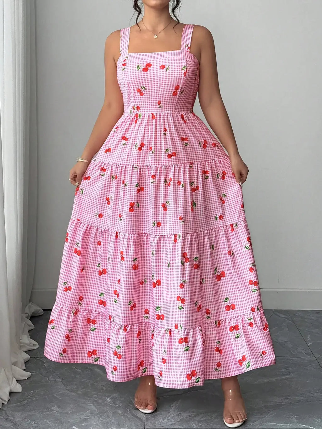 Sweet Cherry Print Gingham Tiered Maxi Dress