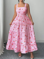 Sweet Cherry Print Gingham Tiered Maxi Dress