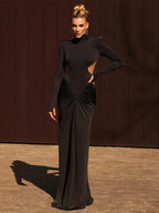 Peach Backless Maxi Dress With Waistless Silhouette And Ruched Elegance