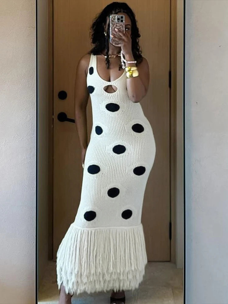 Midnight Sleeveless Knit Maxi Dress With Hollow Dot Tassel Hem