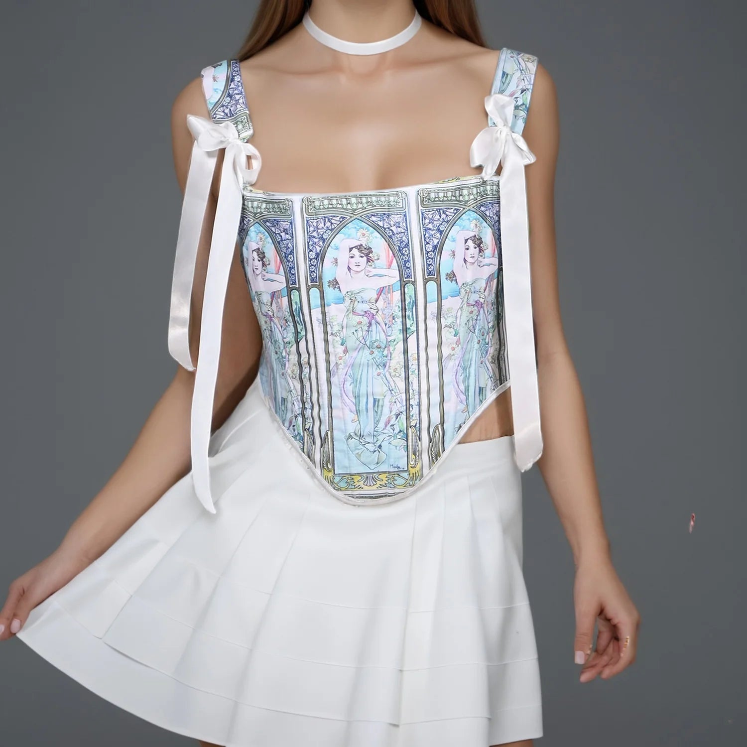 Women Luxury Corset Bustier Overbust Oil Paiting Vintage Bodice Lace Up Boned Quality Double Layer