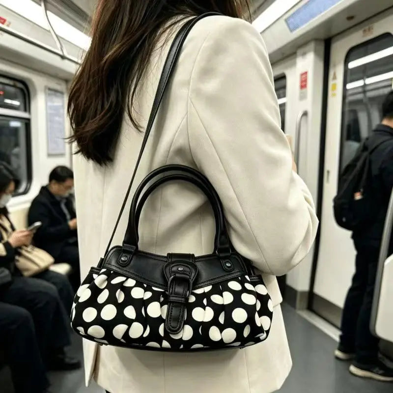 Retro Polka Dot Underarm Bag For Women With Belt Buckle Patchwork Rivet Design Everyday Vintage Charm