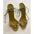 Green Floral Leaf Sandals For Women With Lace Up Straps Hollow Design Stiletto High Heel