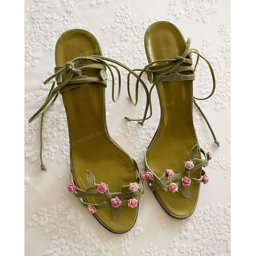 Green Floral Leaf Sandals For Women With Lace Up Straps Hollow Design Stiletto High Heel