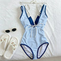 Blue And White Striped One Piece Swimsuit For Summer Vacation Chic Slim Fit Beachwear