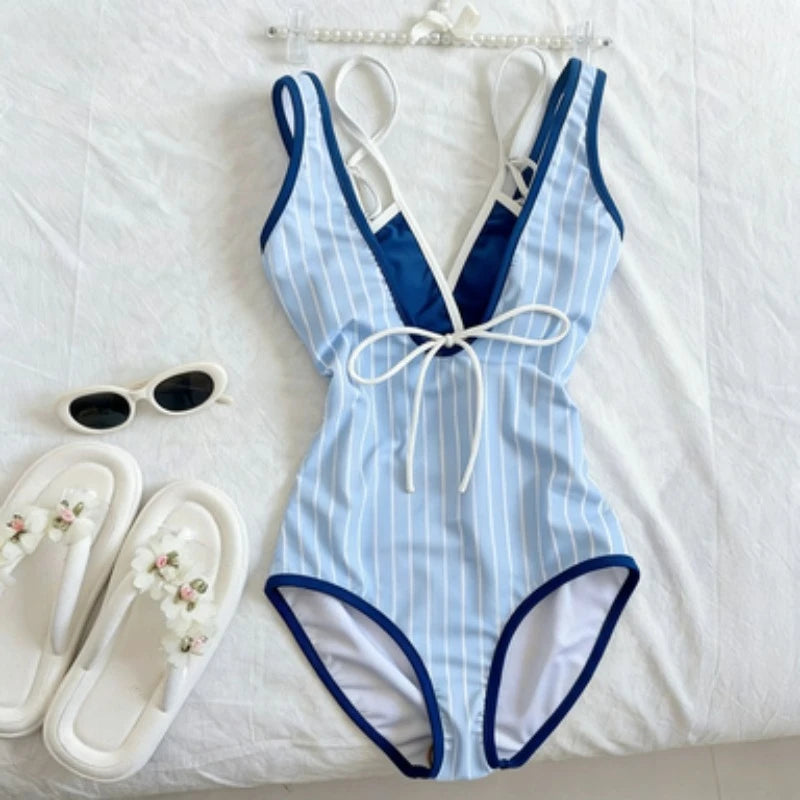 Blue And White Striped One Piece Swimsuit For Summer Vacation Chic Slim Fit Beachwear