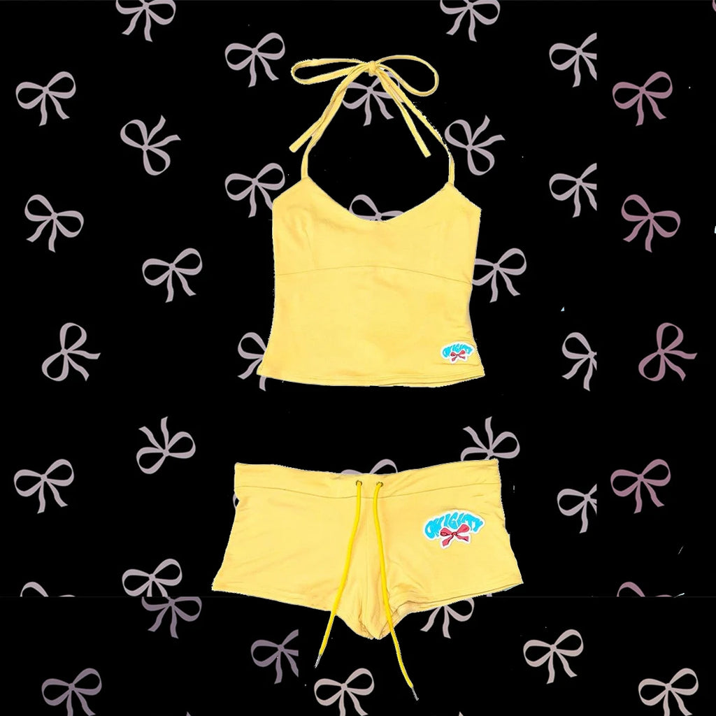 Graphic Letter Print Crop Top With Shorts Grunge Streetwear Vibe