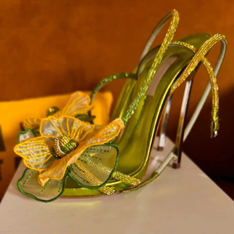 Spirulina Colored Rhinestones Organza Flowers Sandals Wisteria Straps High Heels