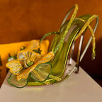 Spirulina Colored Rhinestones Organza Flowers Sandals Wisteria Straps High Heels