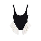 Patchwork Knit Vest Top With Ruffle Trim Summer Round Neck Sleeveless Block Color
