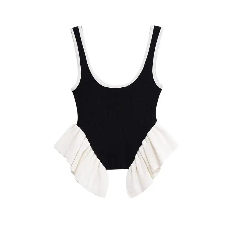 Patchwork Knit Vest Top With Ruffle Trim Summer Round Neck Sleeveless Block Color