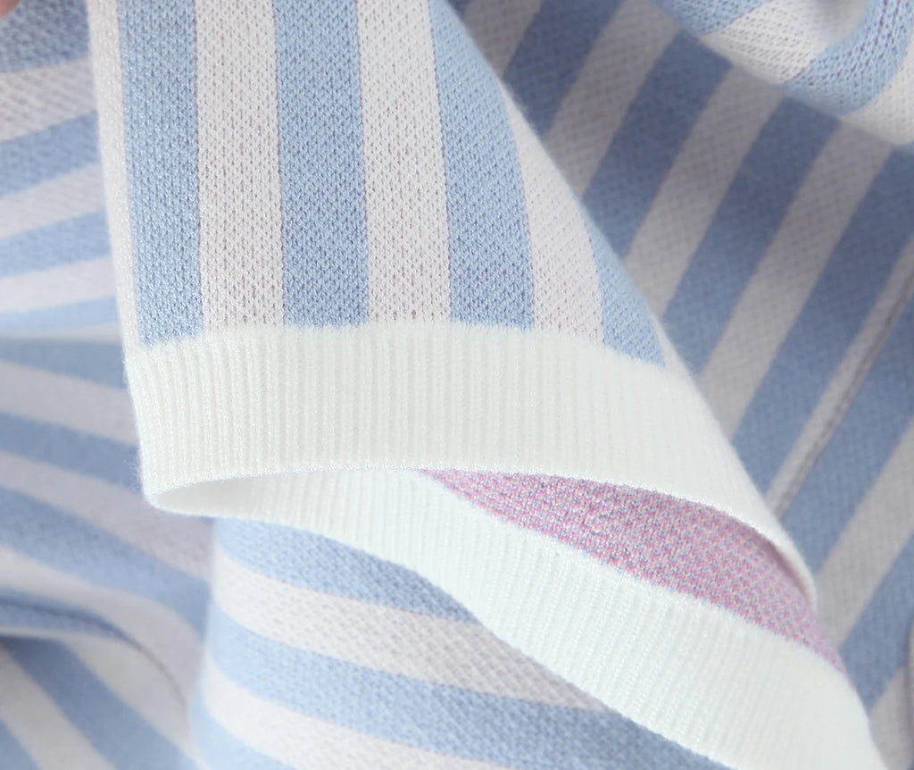 Sweet Blue White Striped Button Through Pointelle Knit Cardigan Sweater Woman Full Puff Sleeve Jumper Cropped Knitwear