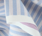 Sweet Blue White Striped Button Through Pointelle Knit Cardigan Sweater Woman Full Puff Sleeve Jumper Cropped Knitwear