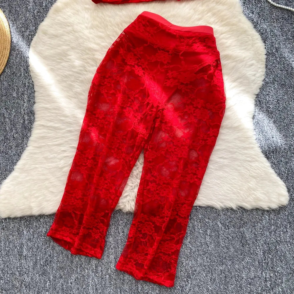 Airy Mesh Tie Up Cardigan Top And Capri Pencil Pants Set