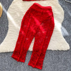 Airy Mesh Tie Up Cardigan Top And Capri Pencil Pants Set