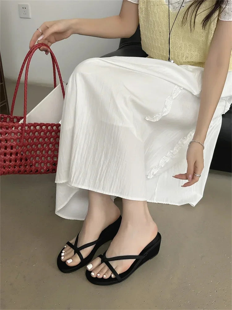 Elegant Cross Strap Wedge Sandals Low Heel Slip On