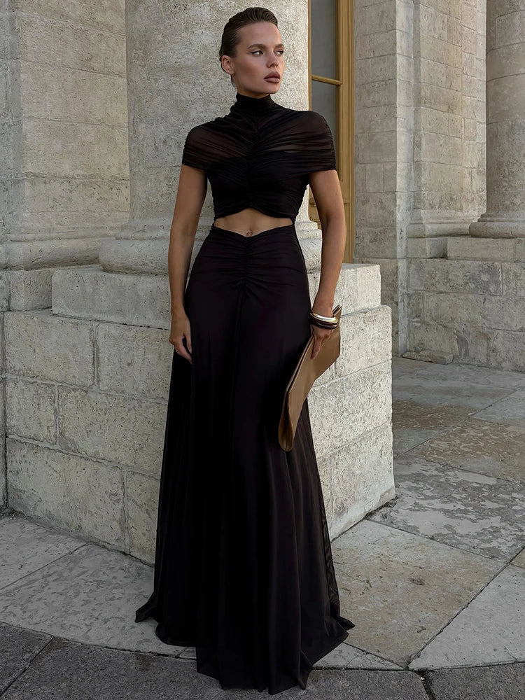Hollow Out Short Sleeve Ruched O Neck Maxi Dress