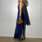 Satin Halter Backless Maxi Dress With Ribbon Tie Sleeveless Evening Gown