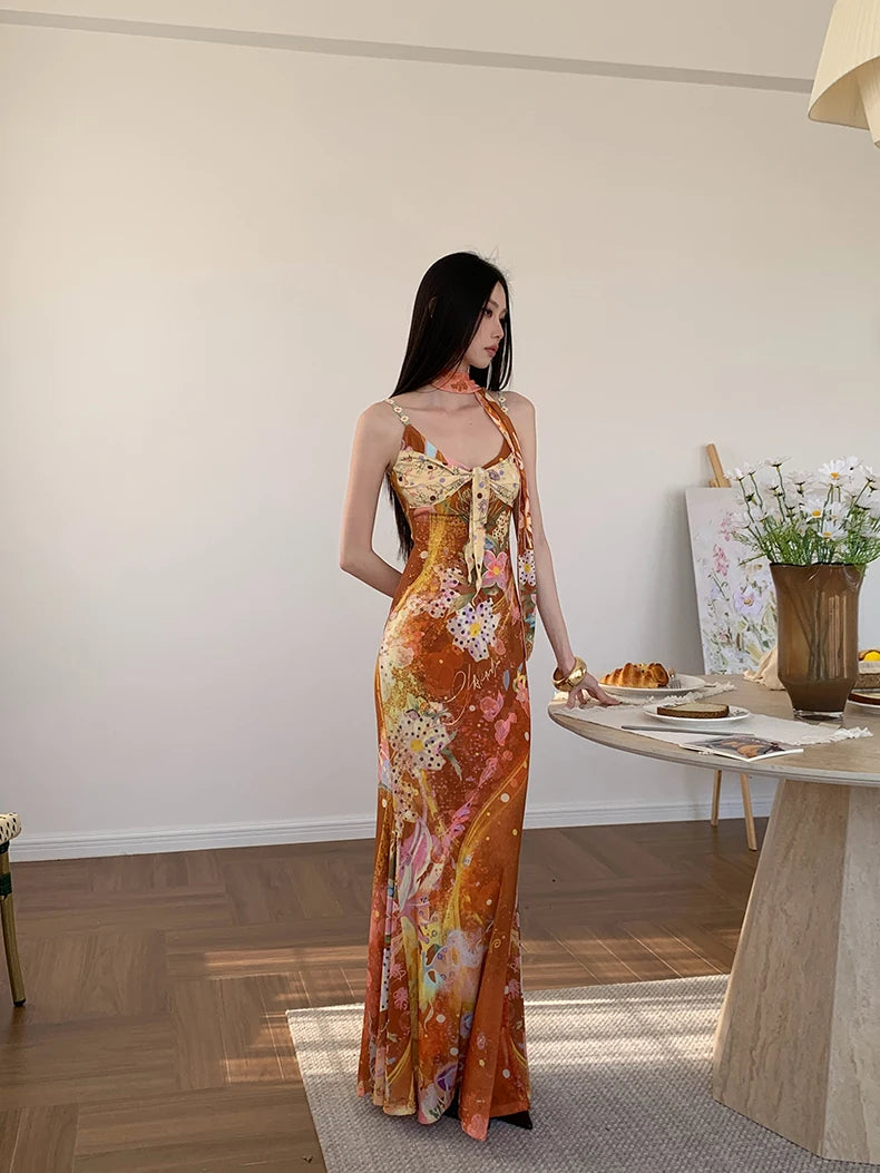 Floral Maxi Dress With Backless Design V Neck Halter Dress
