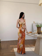 Floral Maxi Dress With Backless Design V Neck Halter Dress