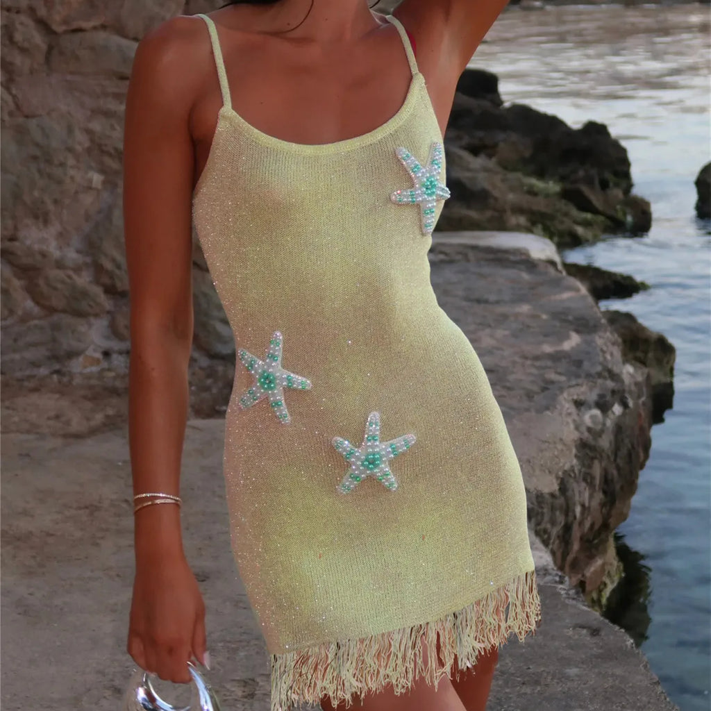 Beaded Starfish Knit Bodycon Mini Dress With Sequin Straps And Tassel Hem