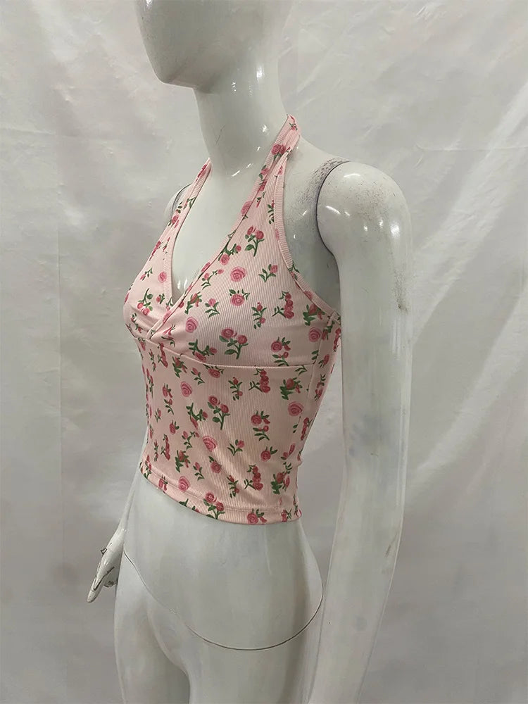 Rose Print Backless Tank Top With Slim Fit Crop