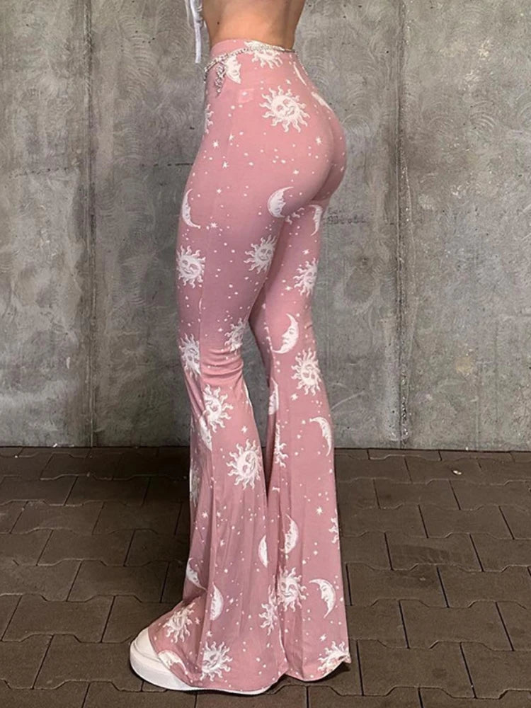 Vibrant Pink Patchwork Flared Pants With Elastic Waist And Wide Leg Streetwear Abstract Print