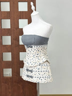 Romantic Plaid Strapless Lace Up Top and Floral Mini Skirt Set