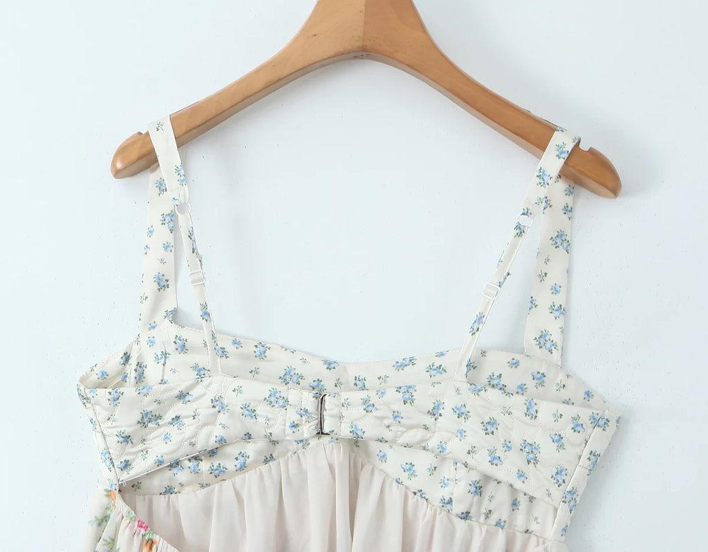 Contrast Color Floral Print Sling Mini V neck Spliced Chest Push Up Back Backless Short Dress