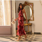 Boho Floral Halter Maxi Dress With Cutout And Tiered Ruffles Sleeveless