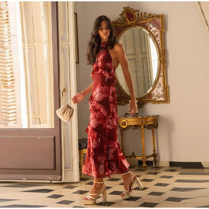 Boho Floral Halter Maxi Dress With Cutout And Tiered Ruffles Sleeveless