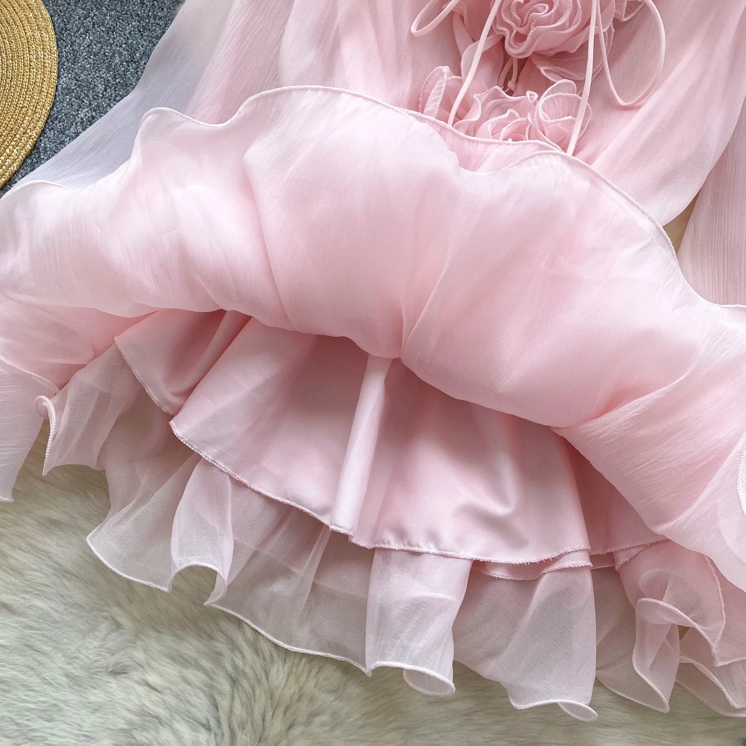 Boho 3D Floral Chiffon Sundress With Long Sleeves Lace Up Ruffle Detail