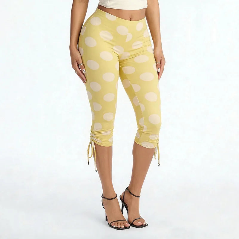 Polka Dot Patchwork Capri Pants With Drawstring Waist