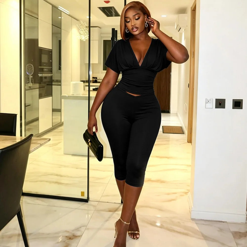 Two Piece Solid Color Set With Deep V Neck Ruched Crop Top And Capri Pants