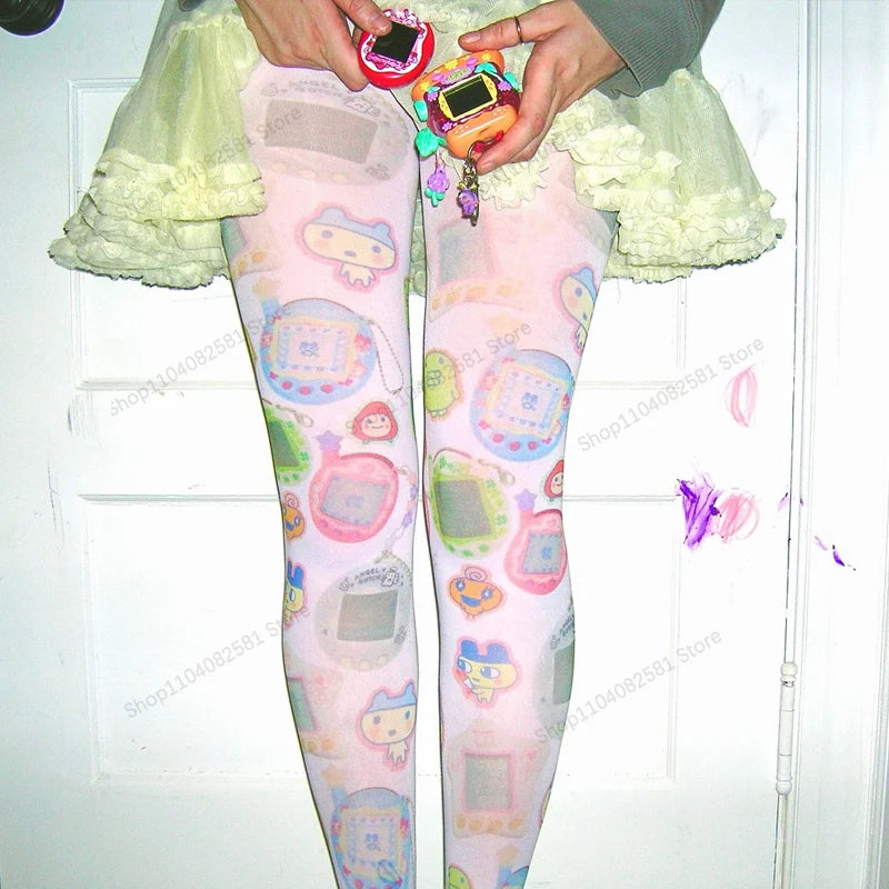 Kawaii Cartoon Pattern White Long Socks With Harajuku Grunge Vibe For Emo Cute Style