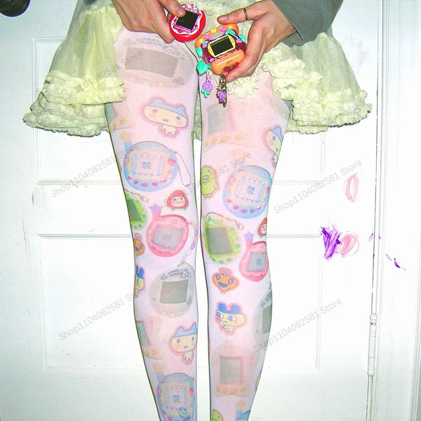 Kawaii Cartoon Pattern White Long Socks With Harajuku Grunge Vibe For Emo Cute Style
