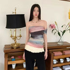Bold Tie Dye Mesh Crop Top With Slash Neck And Patchwork
