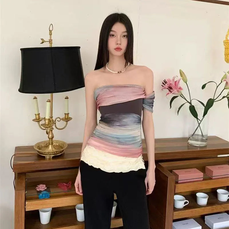 Bold Tie Dye Mesh Crop Top With Slash Neck And Patchwork
