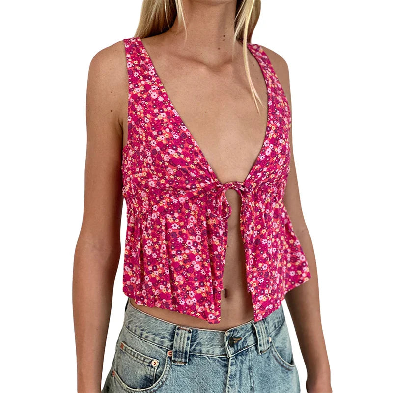 Y2K Floral Print Tie Front Tank Top for Women V Neck Sleeveless