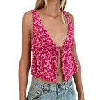 Y2K Floral Print Tie Front Tank Top for Women V Neck Sleeveless
