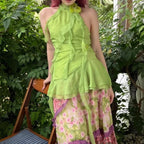 Green Ribbon Chiffon Sleeveless Top With Open Back And Floral Accent