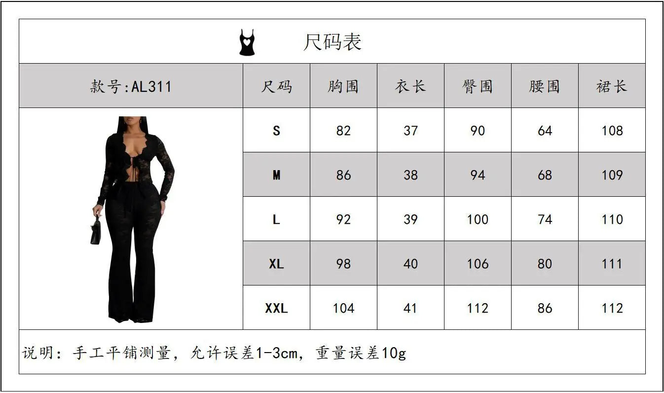 See Through Lace Set With Long Sleeve Top And Pants