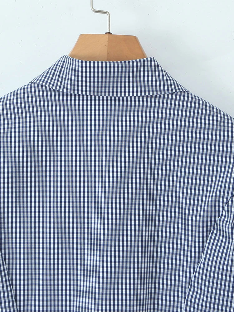 Vintage Lapel Collar Puff Sleeve Lace Patchwork Sweet Plaid Single Breasted Blouse
