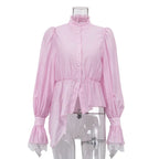 Fashion High Neck Asymmetric Women's Puff Sleeve Trim Ruffle Pink Single-breasted Blouse