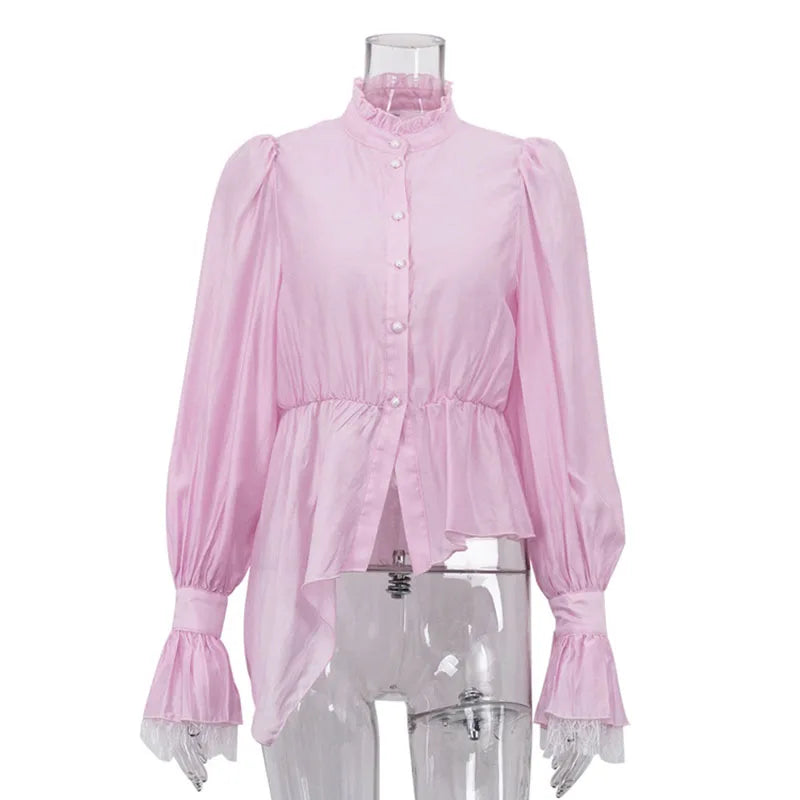 Fashion High Neck Asymmetric Women's Puff Sleeve Trim Ruffle Pink Single-breasted Blouse